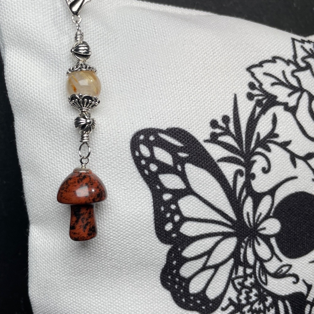 Mahogany Obsidian Mushroom Charm Dangle Cosmetic Bag 
Artisan Designed